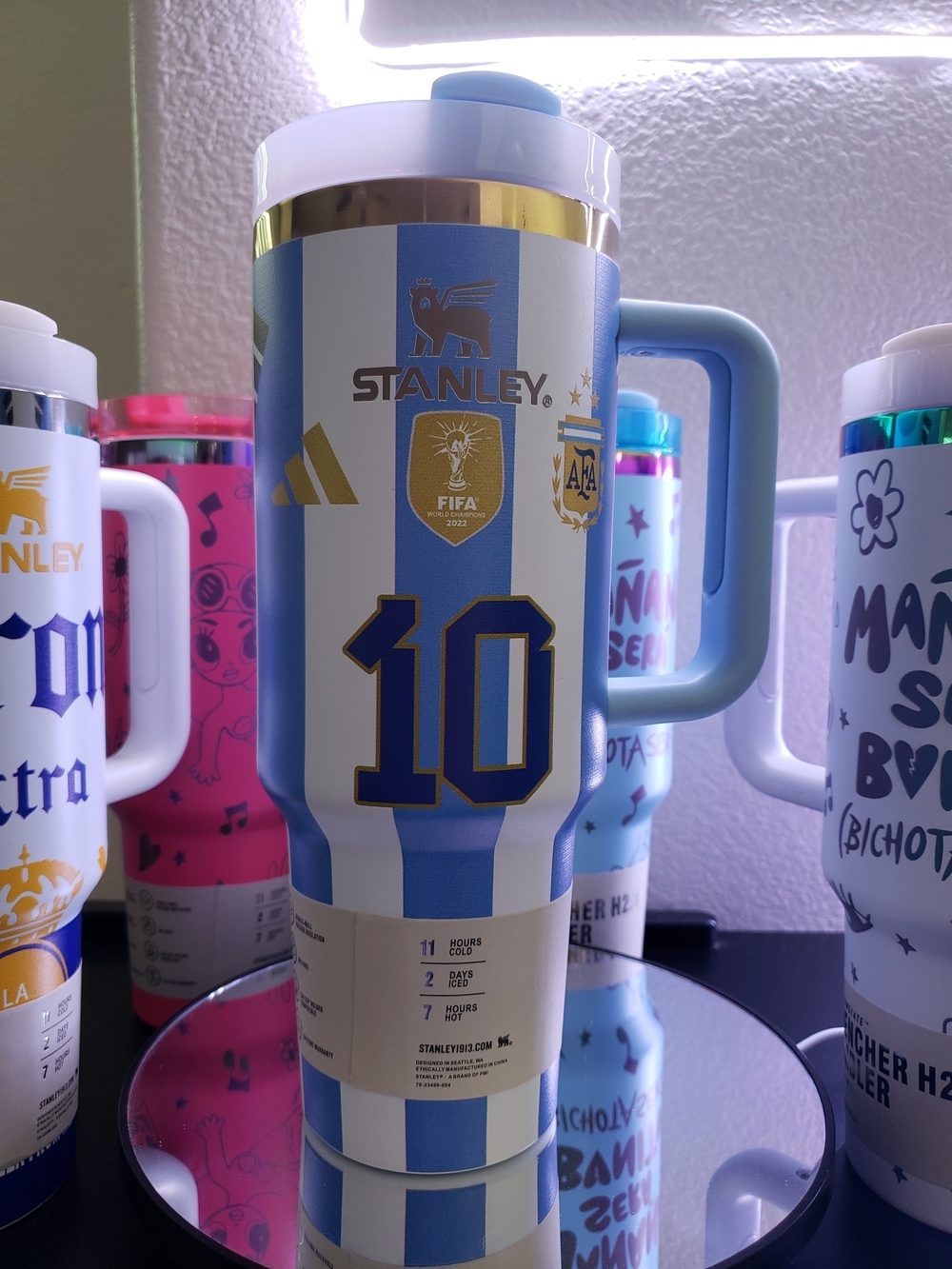 MESSI Argentina #10 Light Blue & White Striped Travel Mug with Gold Trim